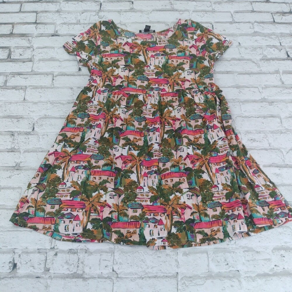 Forever 21 Mini Dress Womens Small Palms Cityscape Short Sleeve Popover